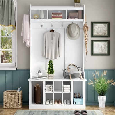 Hall Tree With Storage Bench 3 in 1 Entryway Coat Rack With 6 Hooks open Storage Shelves And Shoe Bench for Entrance Hallway 70.8 Height White Target
