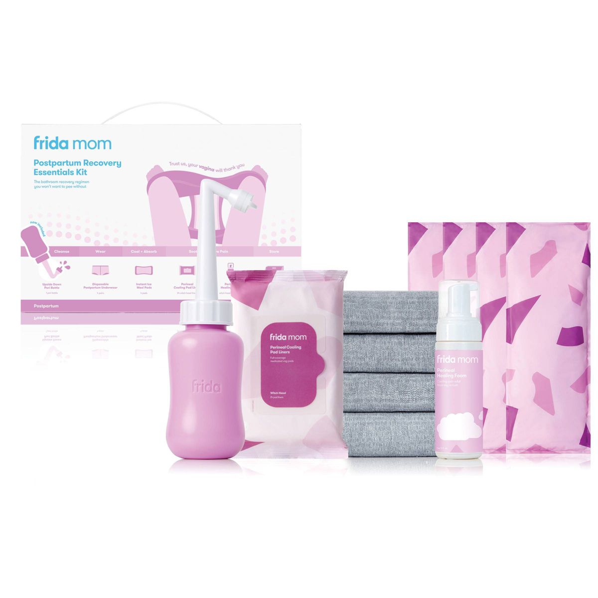 Frida Frida Mom Postpartum Recovery Essentials Kit with Peri Bottle: Non-Toxic, Includes Underwear, Feminine Wash, Instant Cold Pack