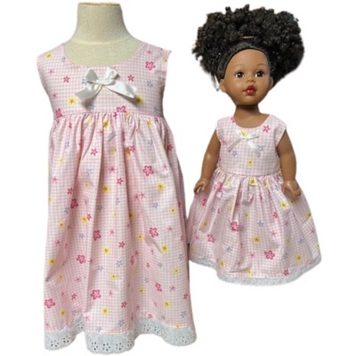 Doll Clothes Superstore Matching Girls Size 3 Pink Flowers & Checks Long Dress with 18 Inch Doll Outfit