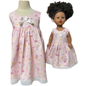Doll Clothes Superstore Matching Girls Size 3 Pink Flowers & Checks Long Dress with 18 Inch Doll Outfit - 1 of 3