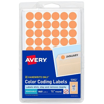 Avery Handwrite Only Removable Round Color-Coding Labels 1/2" dia Neon Orange 840/PK 05062