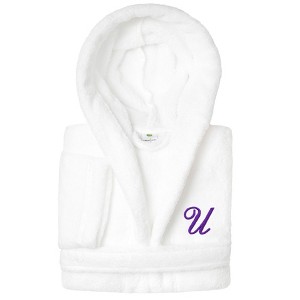 Personalized Linum Kids 100% Polyester SUPER PLUSH Double Brushed Hooded Bathrobe in Purple Script Font - 1 of 3