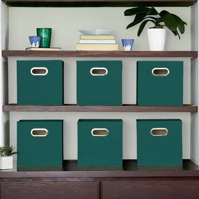 Forest Green Fabric Cube Storage Bins Set of Six with Iron Handles