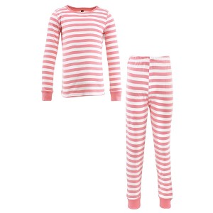 Hudson Baby Infant Girl Cotton Pajama Set, Coral Stripe - 1 of 4