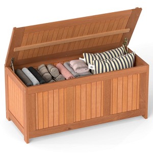 Costway 58 Gallon Wood Deck Box with Flip Top Teak Oil Finish Pool Supplies Cushions - 1 of 4