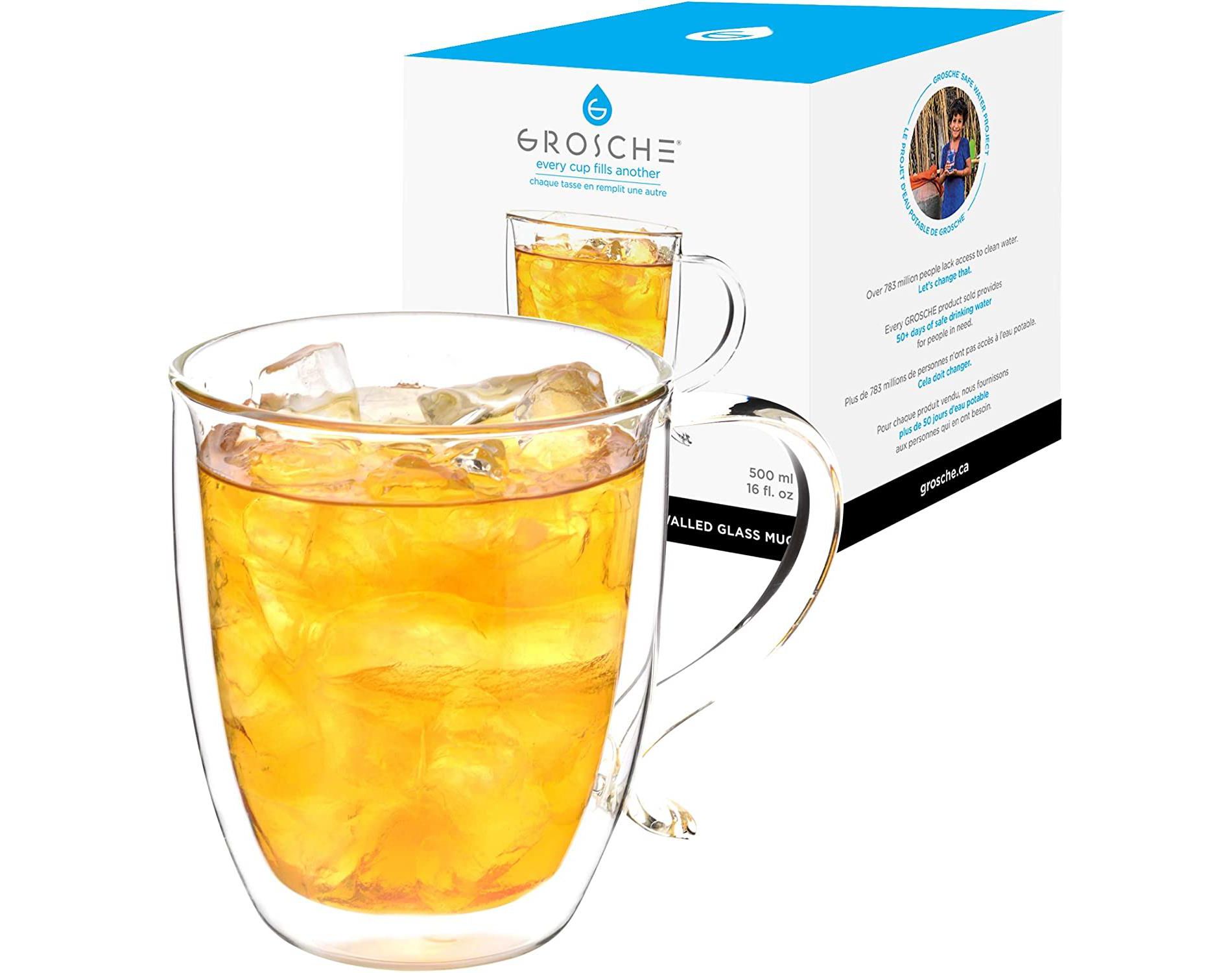 GROSCHE Cyprus Double Walled Glass mug for Coffee or tea, glass insulated cup, 16 fl oz. Capacity