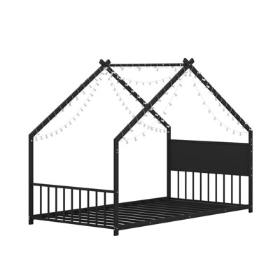 SEVOBAL Kids Bedroom Furniture House Bed Metal Frame with Slats No Box Spring Needed Roof Design for Kids or Young Teens, Black, 77.56"*14.96"*3.35"