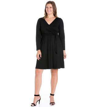 24seven Comfort Apparel Chic V-Neck Long Sleeve Belted Plus Size Dress