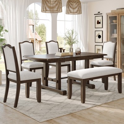 6 Piece Extendable Dining Table Set Dining Set Kitchen Table Set with 4 Upholstered Dining Chairs, Bench&Removable Leaf, Brown/Cherry-ModernLuxe