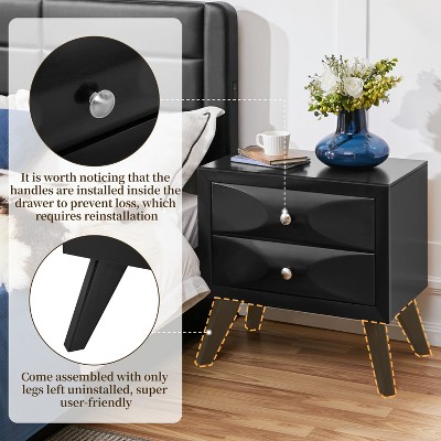 Black Rubberwood Modern 2-Drawer Nightstand