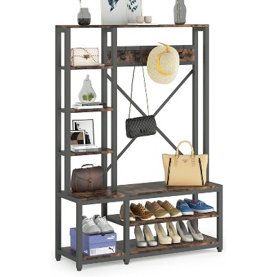Tribesigns 4-in-1 Entryway Coat Rack Hall Tree, Industrial Wooden Entryway Bench