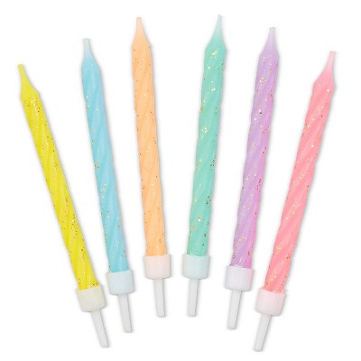 Blue Panda 48 Pack 6-Color Pastel Glitter Striped Birthday Cake Candles 3-Inch with Holders