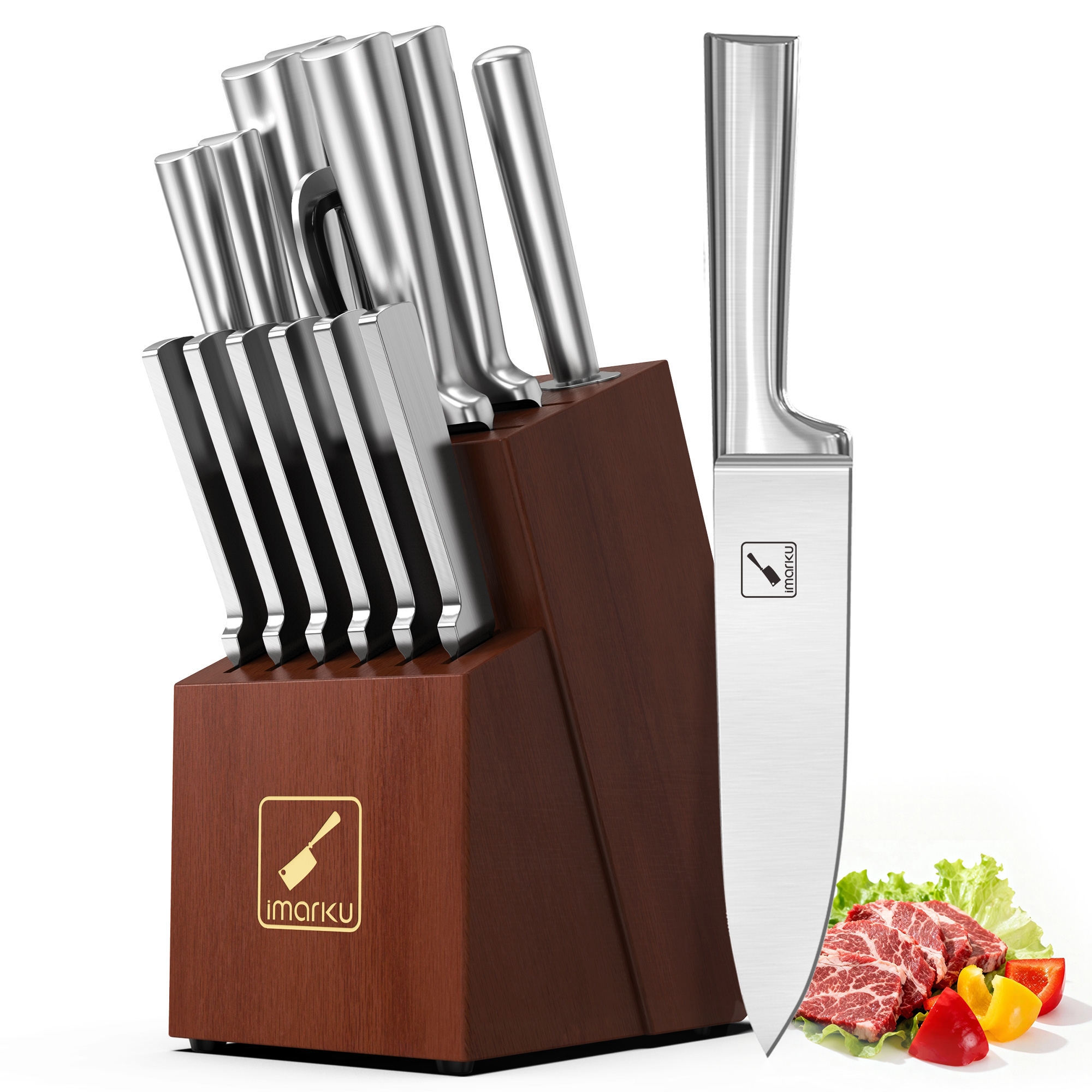 imarku Kitchen Knife Set 15 PCS Japanese Stainless Steel Knife Block Set with Sharpener - Dishwasher Safe Kitchen Knives, Silver, Fathers Day gifts