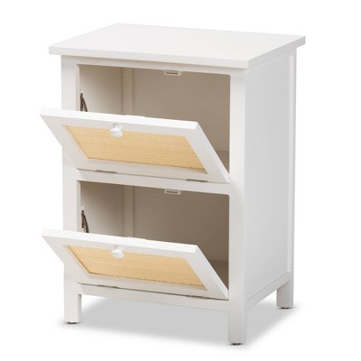 Sariah Mid-Century Rattan Accented 2-Drawer Nightstand - White