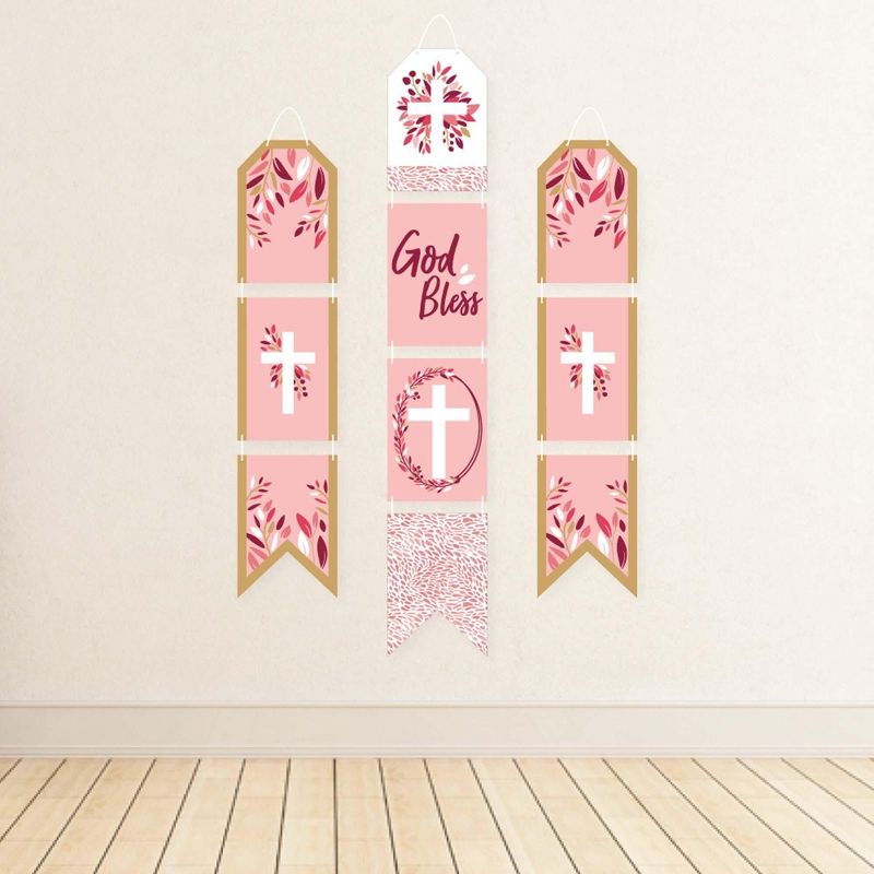 Big Dot of Happiness Pink Elegant Cross - Hanging Vertical Paper Door Banners - Girl Religious Party Wall Decoration Kit - Indoor Door Decor, 3 of 8