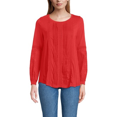 Lands' End Women's Lightweight Jersey Lace Mix Long Sleeve Pintuck Top