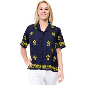 LA LEELA Women's Summer Casual Blouse Shirt Solid Blouses Button Down Short Sleeve Dress Tops Tee Hawaiian Shirts for Women - 1 of 3