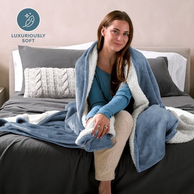 Coronet Blue Reversible Sherpa Fleece Throw Blanket