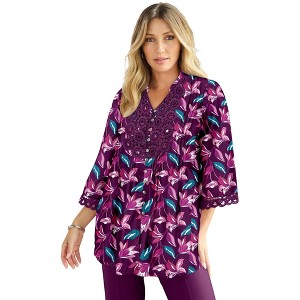 Roaman's Women's Plus Size Juliet Lace Trim Shirt - 1 of 4