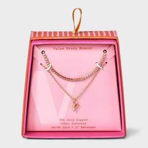 14K Gold Dipped Cubic Zirconia Initial Necklace Set 2pc - A New Day™ Gold - 1 of 3