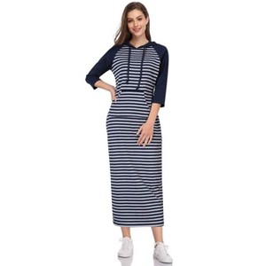 Womens Hoodie Sweat Dress 3/4 Sleeve Slim Fit Hooded Maxi Dress Stripe Summer Dress Soft Lounge Dress - 1 of 2