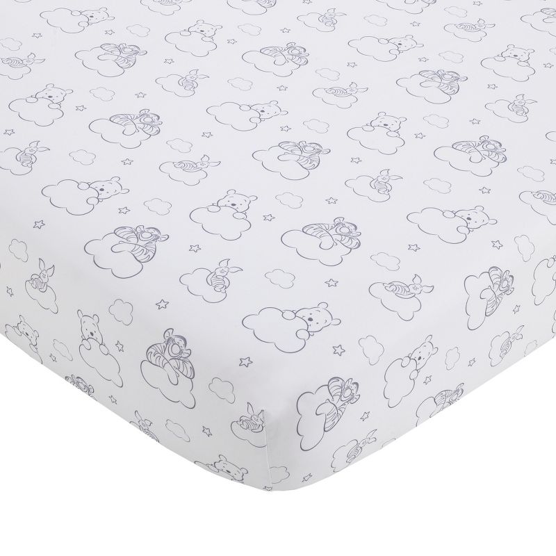 Disney Winnie the Pooh Hello Sunshine Grey and White Cloud Nursery Fitted Crib Sheet with Piglet and Tigger, 1 of 6