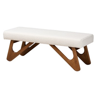 Rika Cream Boucle Fabric and Walnut Wood Bench