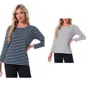 INSPIRE CHIC Women's 2 Pcs Cotton Contrast Stripe Pullover Top Long-Sleeve Lounge Pajama Blouse - 1 of 4