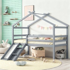 Luxystar Twin Low Loft House Bed with Slide, Ladder, Safety Guardrails and House Roof Frame for Kids' Room - 1 of 4
