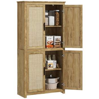 HOMCOM 64" Kitchen Pantry Storage Cabinet, Freestanding Kitchen Cabinet with 4 Rattan Doors, 4 Tier Shelves and Adjustable Shelf, Natural