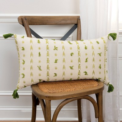 Beige and Green Embroidered Cotton Lumbar Pillow with Tassels
