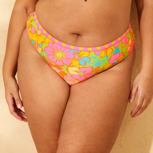 Women's Reversible Contrast Binding Mid-Rise High Leg Cheeky Bikini Bottom - Wild Fable™ Green Floral Print/Pink Striped - 1 of 4