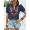 Coolmee Women's Casual Floral Embroidered V Neck Boho Short Puff Sleeve Shirts Loose Summer Blouses Tops Fashion Clothes - 4 of 4