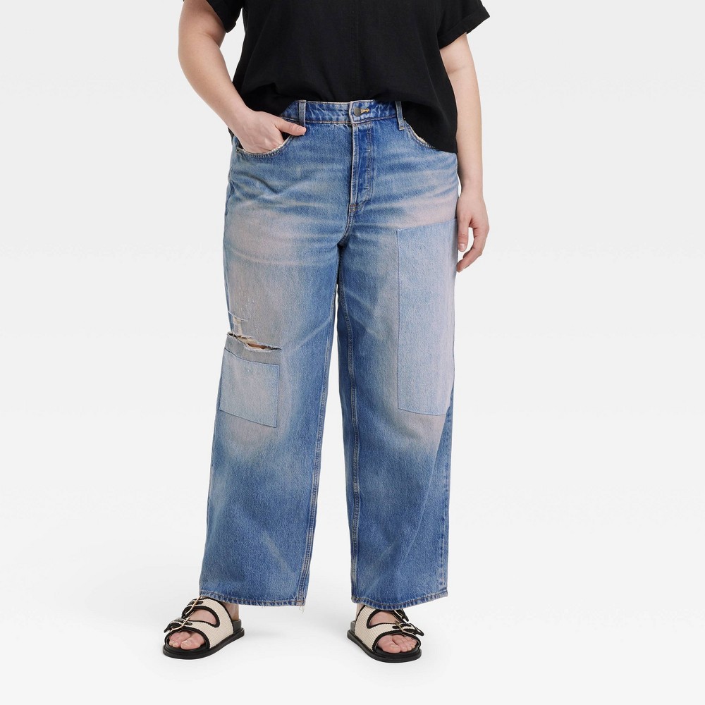 Women's Mid-Rise Patchwork 90's Baggy Jeans - Universal Thread™ Blue 24: Relaxed Fit, Denim, 32" Inseam