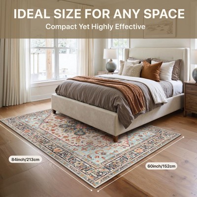 ABYNOW Vintage Harmony Sky Blue Floral Print Soft Low-Pile Washable 6x9 Area Rug