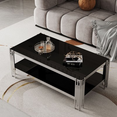 NicBex Double-Layer Tempered Glass Coffee Table with Mirror Finished Stainless Steel Frame,Living Room Furniture