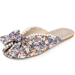 Perphy Women's Peep Toe Pearl Decor Slip-on Flat Slides Mules - 1 of 4