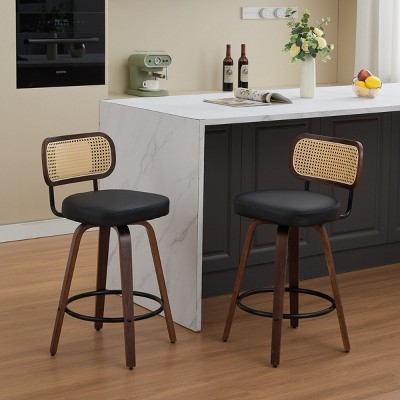 Swivel Counter Stools,PU Leather Upholstered Bar Stools with Walnut Wood Legs,Rattan Back Counter Bar Stools for Kitchen Island-Coolbibila