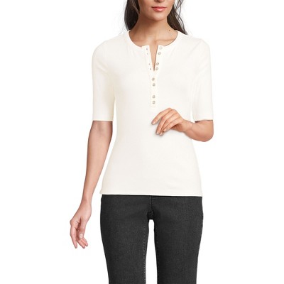 Lands' End Women's Elbow Sleeve Polished Rib Henley Top