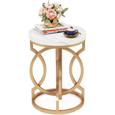 Syemin End Tables Round End Table with Faux Marble Top, Modern Accent Side Table, Nightstand for Living Room, Brown, 19.68"*19.68"*25.59"