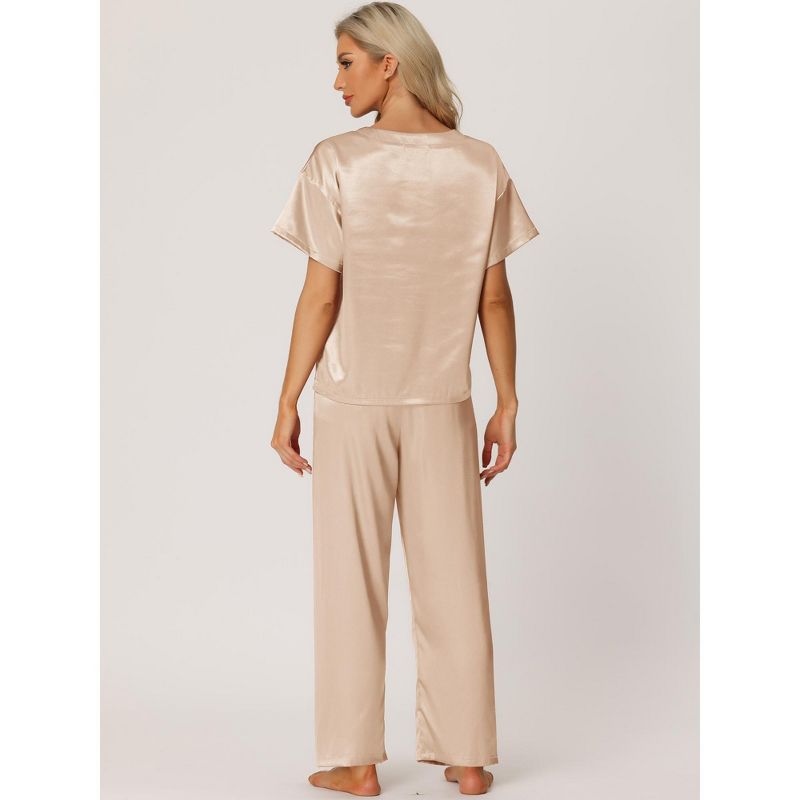 cheibear Women's Satin Summer Short Sleeves Sleepshirt with Pants Lounge Pajamas Sets, 3 of 6