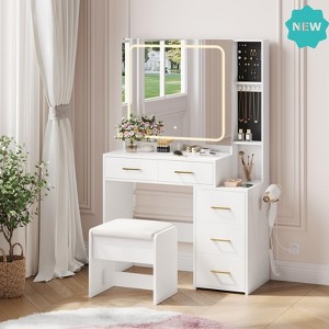 Jojoka White Vanity Desk with Mirror and Lights, Makeup Vanity Set with 5 Drawers, Stool, Charging Station & 3-Color LED Lighting - 1 of 4