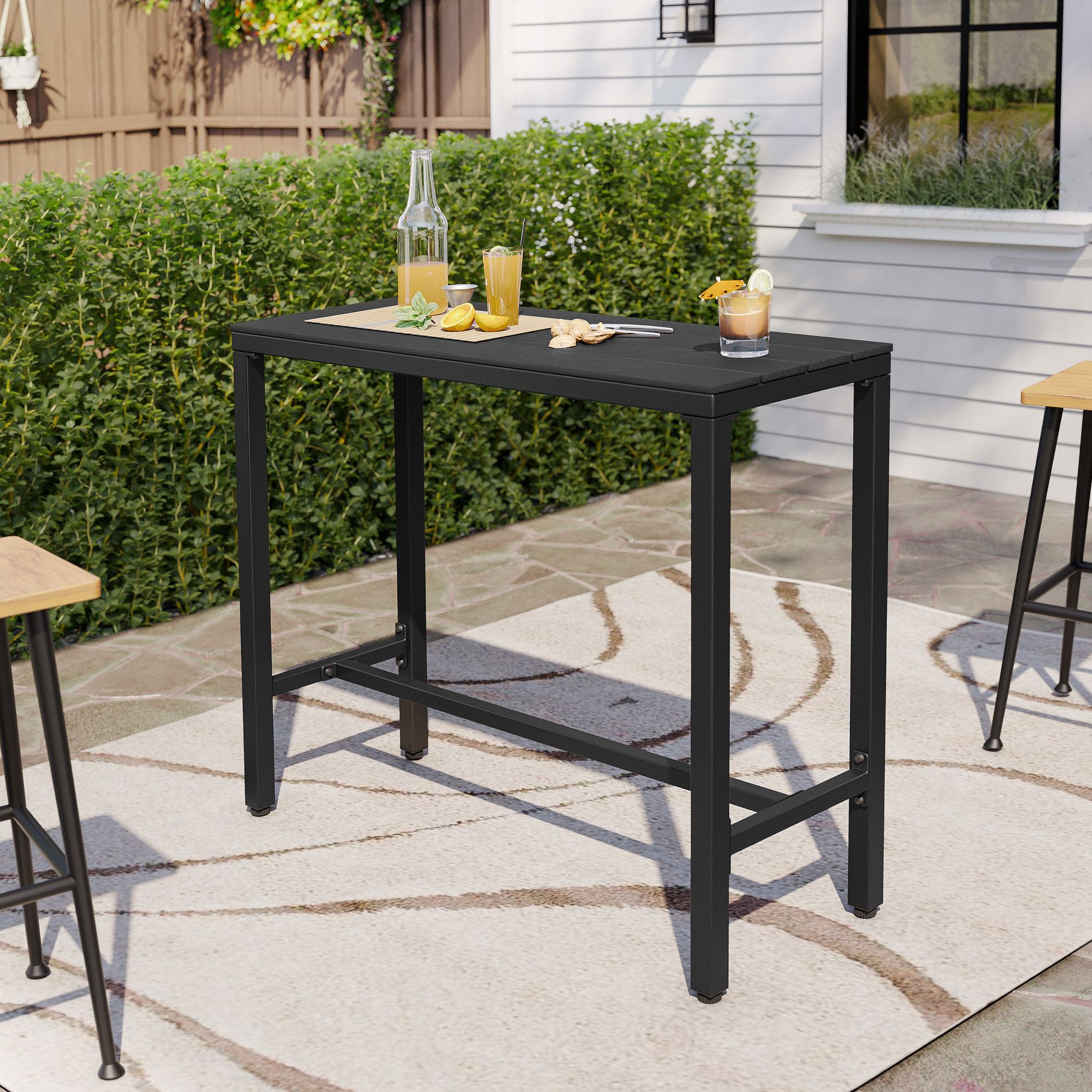 Pellebant 43in Outdoor Bar Table Rectangular Patio Counter Height Table Wood-Look Top Metal Frame Black