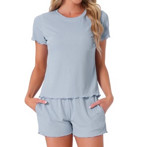 INSPIRE CHIC Women's Ribbed Knit Soft Short Sleeve Top and Shorts Ruffled Lounge Set Pajama Set with Pocket - 1 of 4