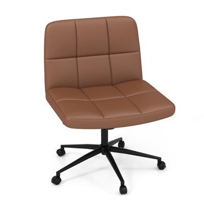 Tangkula Criss Cross Chair with Wheels PU Leather Upholstered Armless Office Chair with Wide Seat Modern Swivel Height Adjustable for Home Office Beige/Brown