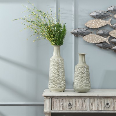 Vintage Gray and Green Metal Decorative Table Vases Set