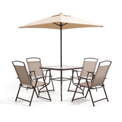 6pc Patio Dinning Set with 4 Folding Chairs Glass Table and Tan Umbrella without Base - Crestlive Products
