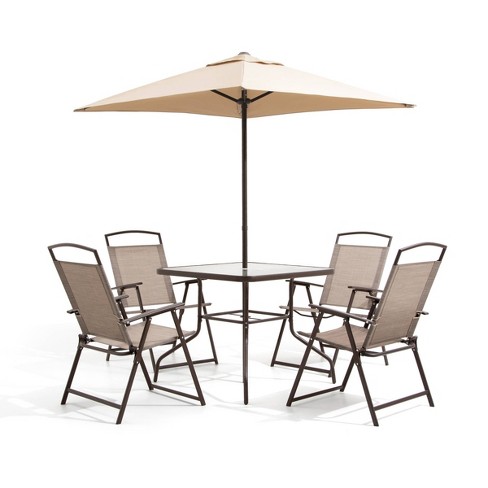 6pc Patio Dinning Set with 4 Folding Chairs Glass Table and Tan Umbrella without Base Beige Crestlive Products