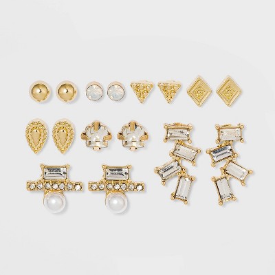 Pearl Studs and Gem Crawler Earring Set 8pc - A New Day™ Gold