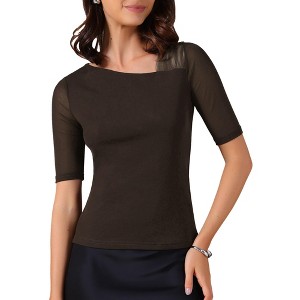INSPIRE CHIC Women's Half See-through Sleeves Irregular Neckline Solid Color Stretchy T-Shirts - 1 of 4